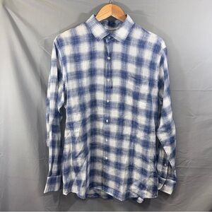 Peter Millar Shirt Mens Large Blue White Linen Plaid Long Sleeve Button Front